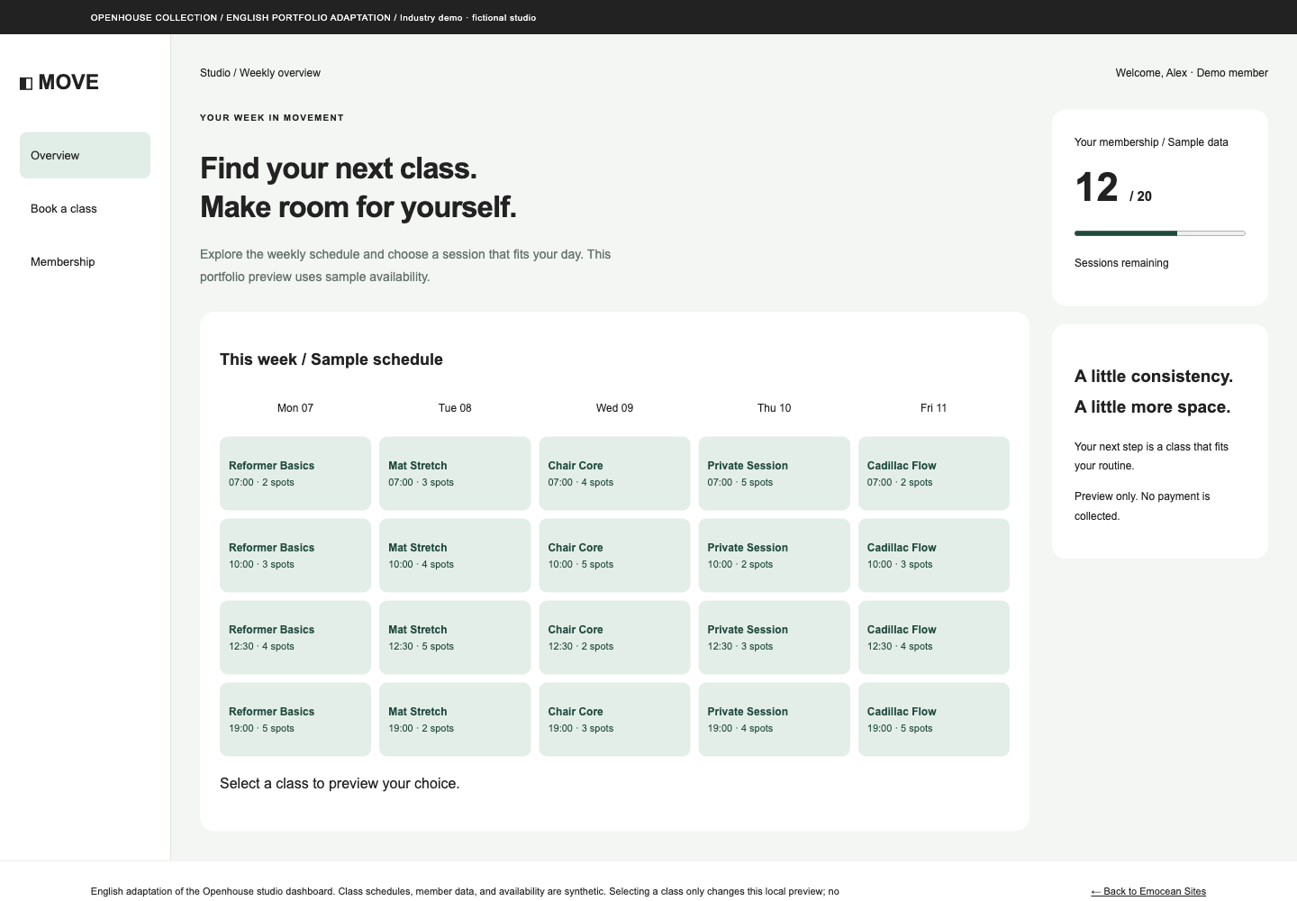 Move Pilates English class schedule and membership dashboard